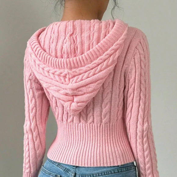 Pink Casual Women's Drawstring Hooded Cardigan - Picture 2 of 5